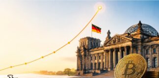 „Bitcoin vor dem Reichstag mit stark ansteigender Kurve als Symbol für wachsenden politischen und wirtschaftlichen Druck rund um die Krypto-Haltefrist.“