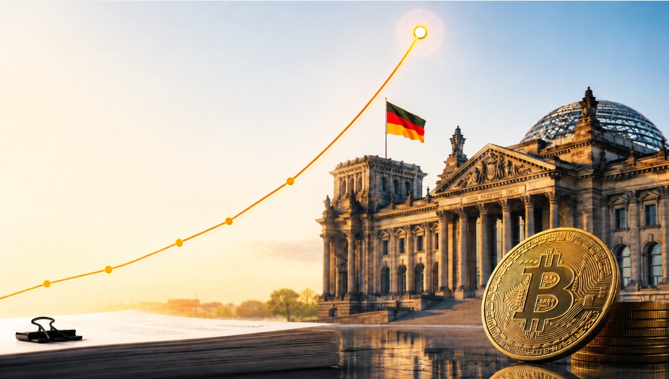 „Bitcoin vor dem Reichstag mit stark ansteigender Kurve als Symbol für wachsenden politischen und wirtschaftlichen Druck rund um die Krypto-Haltefrist.“