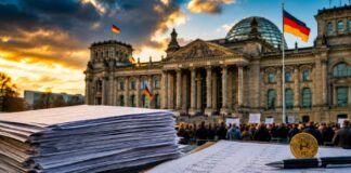 Bitcoin-Petition vor dem Bundestag mit Unterschriften und Bitcoin-Symbol