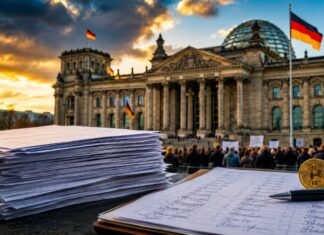 Krypto-Haltefrist: Über 40.000 Unterstützer erhöhen Druck auf Klingbeil Bitcoin-Petition vor dem Bundestag mit Unterschriften und Bitcoin-Symbol