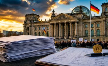 Bitcoin-Petition vor dem Bundestag mit Unterschriften und Bitcoin-Symbol