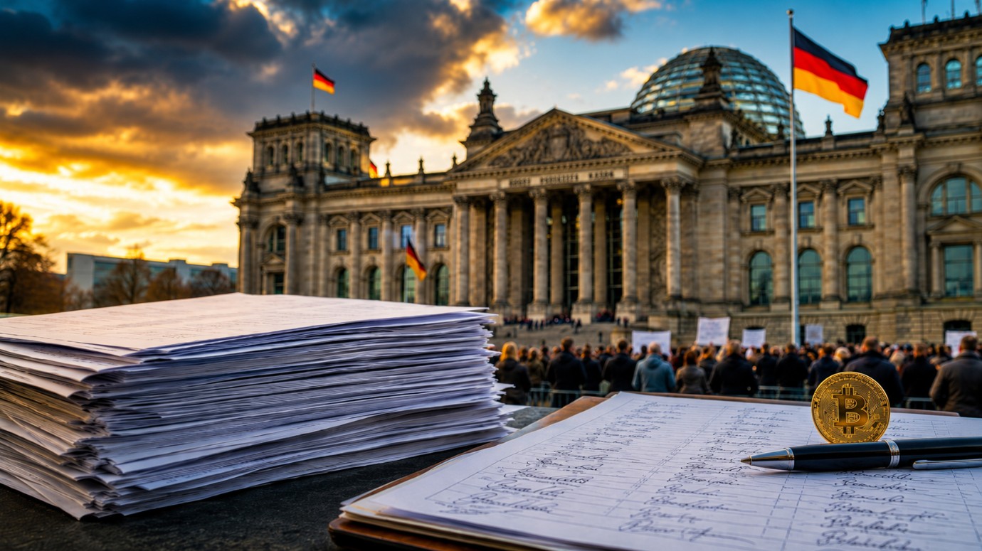 Bitcoin-Petition vor dem Bundestag mit Unterschriften und Bitcoin-Symbol