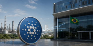 Cardano-Symbol vor einer brasilianischen Unternehmenszentrale und Industrieanlage