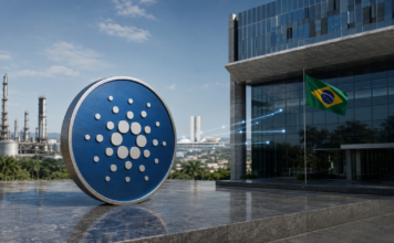 Cardano-Symbol vor einer brasilianischen Unternehmenszentrale und Industrieanlage