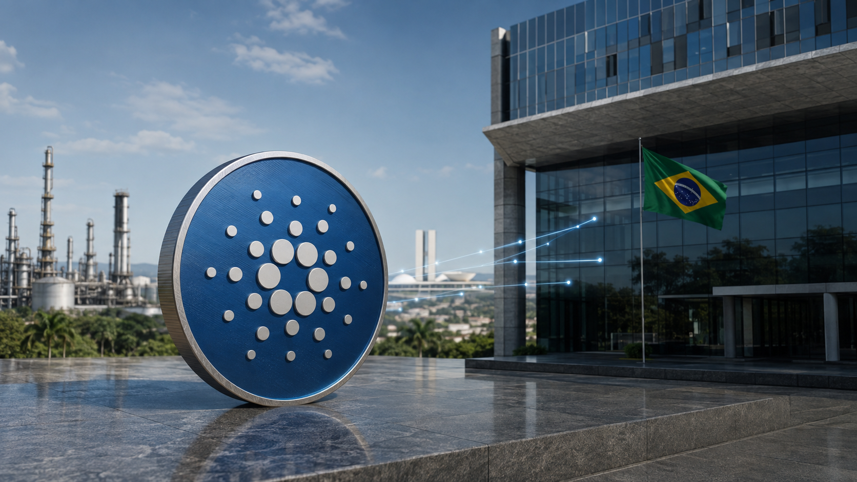 Cardano-Symbol vor einer brasilianischen Unternehmenszentrale und Industrieanlage
