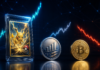 Pokémon-Sammelkarte, S&P-500-Symbol und Bitcoin vor unterschiedlich verlaufenden Kurscharts