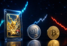 Pokémon-Sammelkarte, S&P-500-Symbol und Bitcoin vor unterschiedlich verlaufenden Kurscharts