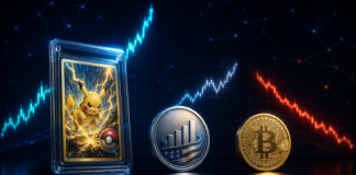 Pokémon-Sammelkarte, S&P-500-Symbol und Bitcoin vor unterschiedlich verlaufenden Kurscharts