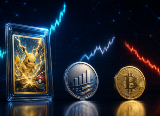 28 Prozent Plus: Pokémon-Karten lassen Bitcoin und S&P 500 hinter sich Pokémon-Sammelkarte, S&P-500-Symbol und Bitcoin vor unterschiedlich verlaufenden Kurscharts