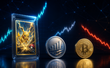 Pokémon-Sammelkarte, S&P-500-Symbol und Bitcoin vor unterschiedlich verlaufenden Kurscharts