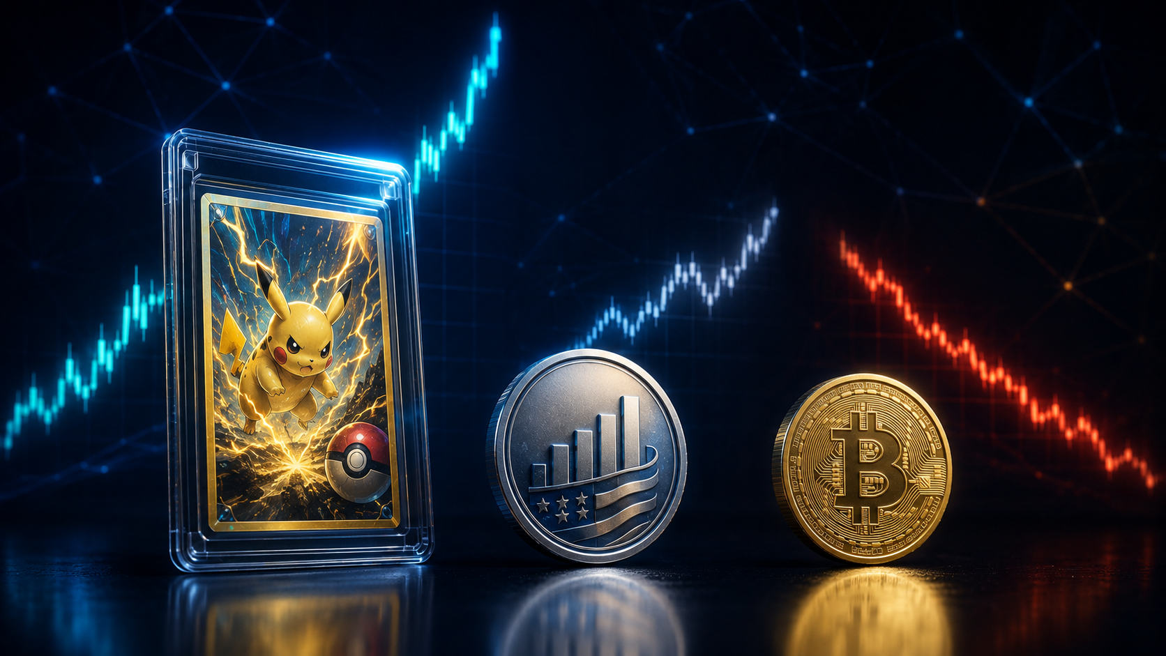 Pokémon-Sammelkarte, S&P-500-Symbol und Bitcoin vor unterschiedlich verlaufenden Kurscharts