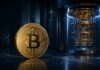 Bitcoin Logo mit einem Quantencomputer im Hintergrund