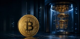 Bitcoin Logo mit einem Quantencomputer im Hintergrund