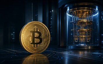 Bitcoin Logo mit einem Quantencomputer im Hintergrund