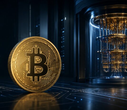 Bitcoin Logo mit einem Quantencomputer im Hintergrund