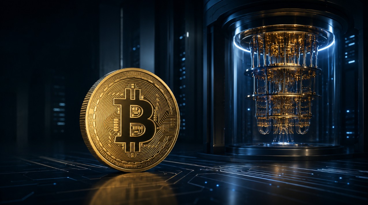 Bitcoin Logo mit einem Quantencomputer im Hintergrund