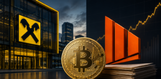 Raiffeisen Bank setzt auf steigenden Bitcoin-Kurs mit Strategy-Kauf Goldene Bitcoin-Münze vor einem Raiffeisen-Gebäude und dem Strategy-Symbol mit steigender Kurslinie