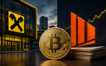Raiffeisen Bank setzt auf steigenden Bitcoin-Kurs mit Strategy-Kauf Goldene Bitcoin-Münze vor einem Raiffeisen-Gebäude und dem Strategy-Symbol mit steigender Kurslinie