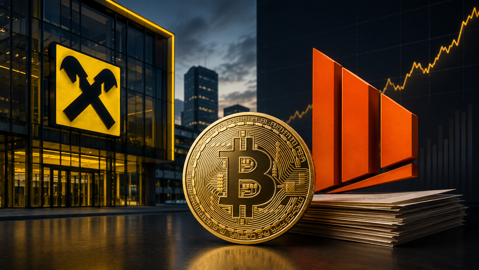 Goldene Bitcoin-Münze vor einem Raiffeisen-Gebäude und dem Strategy-Symbol mit steigender Kurslinie