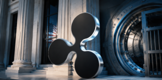 Ripple-Logo vor einer US-Bank und einem Tresor als Symbol für die geplante Ripple National Trust Bank