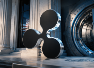 Ripple-Logo vor einer US-Bank und einem Tresor als Symbol für die geplante Ripple National Trust Bank