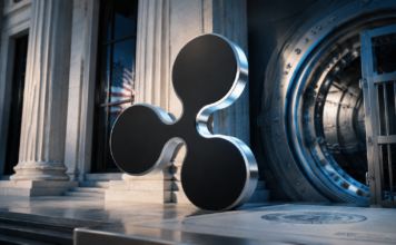 Ripple-Logo vor einer US-Bank und einem Tresor als Symbol für die geplante Ripple National Trust Bank