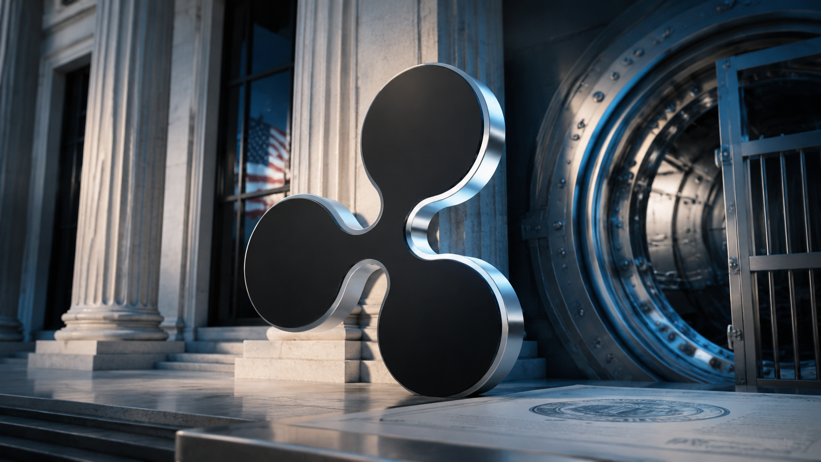 Ripple-Logo vor einer US-Bank und einem Tresor als Symbol für die geplante Ripple National Trust Bank