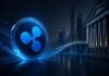 Ripple-Logo vor Wall-Street-Kulisse mit digitalem Netzwerk als Symbol für die Verbindung von Krypto und traditioneller Finanzwelt