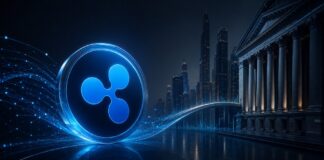 Ripple-Logo vor Wall-Street-Kulisse mit digitalem Netzwerk als Symbol für die Verbindung von Krypto und traditioneller Finanzwelt