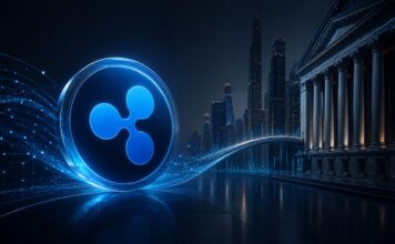 Ripple-Logo vor Wall-Street-Kulisse mit digitalem Netzwerk als Symbol für die Verbindung von Krypto und traditioneller Finanzwelt