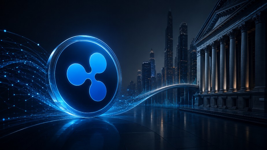 Ripple-Logo vor Wall-Street-Kulisse mit digitalem Netzwerk als Symbol für die Verbindung von Krypto und traditioneller Finanzwelt