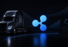 Ripple kooperiert mit Volkswagen-Tochter für konzernweite Finanzplanung TRATON-Lkw mit prominentem Ripple-Logo und Finanzcharts als Symbol für digitale Treasury- und Finanzplanung