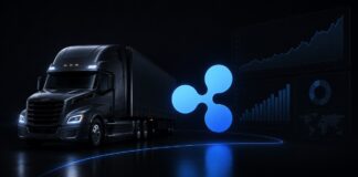 TRATON-Lkw mit prominentem Ripple-Logo und Finanzcharts als Symbol für digitale Treasury- und Finanzplanung