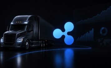 TRATON-Lkw mit prominentem Ripple-Logo und Finanzcharts als Symbol für digitale Treasury- und Finanzplanung