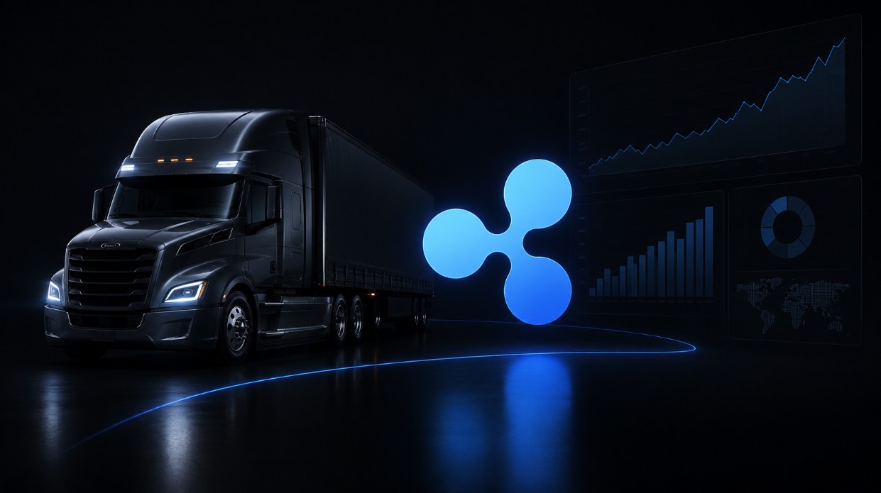 TRATON-Lkw mit prominentem Ripple-Logo und Finanzcharts als Symbol für digitale Treasury- und Finanzplanung