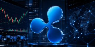 Ripple-Logo vor einem Aktienchart und einem digitalen Finanznetzwerk