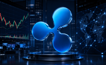Ripple-Logo vor einem Aktienchart und einem digitalen Finanznetzwerk