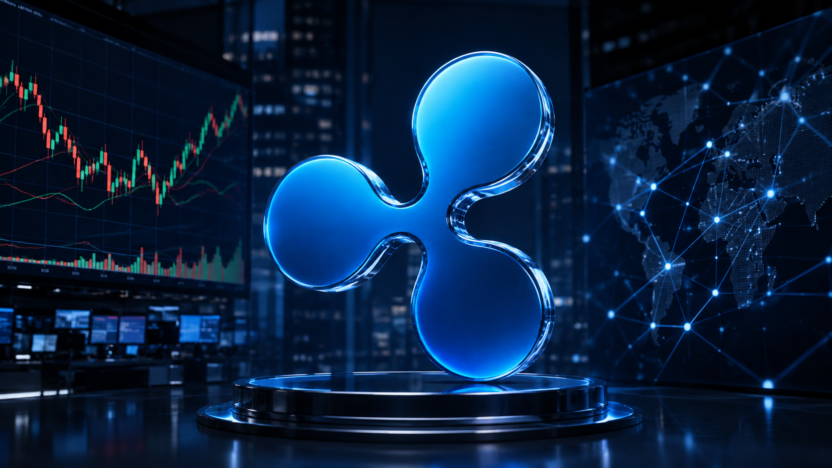 Ripple-Logo vor einem Aktienchart und einem digitalen Finanznetzwerk