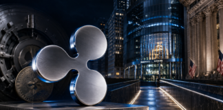 Ripple: XRP-Treasury Firma Evernorth nimmt entscheidende SEC-Hürde Metallisches Ripple-Logo vor einem Tresor und Börsengebäuden als Symbol für Evernorth und das geplante Nasdaq-Listing