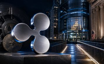 Ripple: XRP-Treasury Firma Evernorth nimmt entscheidende SEC-Hürde Metallisches Ripple-Logo vor einem Tresor und Börsengebäuden als Symbol für Evernorth und das geplante Nasdaq-Listing