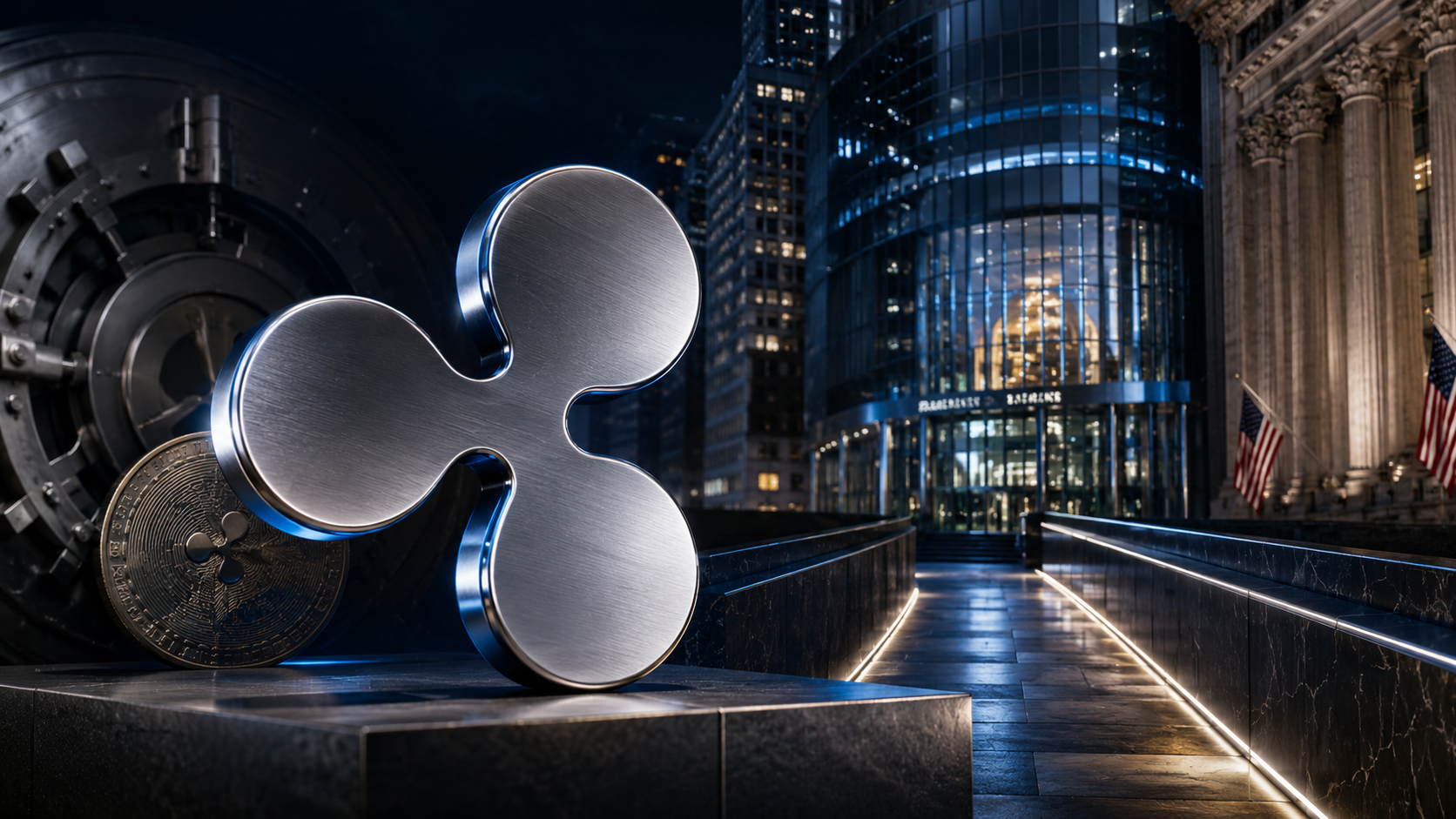 Metallisches Ripple-Logo vor einem Tresor und Börsengebäuden als Symbol für Evernorth und das geplante Nasdaq-Listing