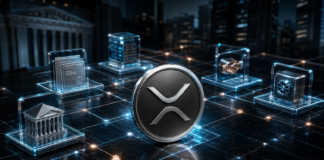 XRP-Symbol vor einer digitalen Infrastruktur für tokenisierte Fonds und Wertpapiere