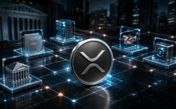 XRP-Symbol vor einer digitalen Infrastruktur für tokenisierte Fonds und Wertpapiere