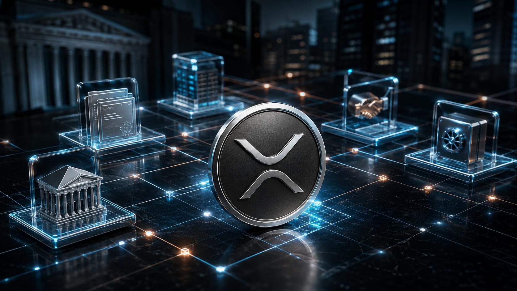XRP-Symbol vor einer digitalen Infrastruktur für tokenisierte Fonds und Wertpapiere