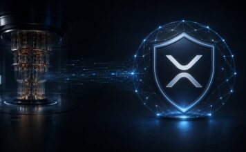 XRP-Logo in einem digitalen Schutzschild neben einem Quantencomputer als Symbol für Ripples Schutz des XRP Ledgers vor Quantenrisiken.