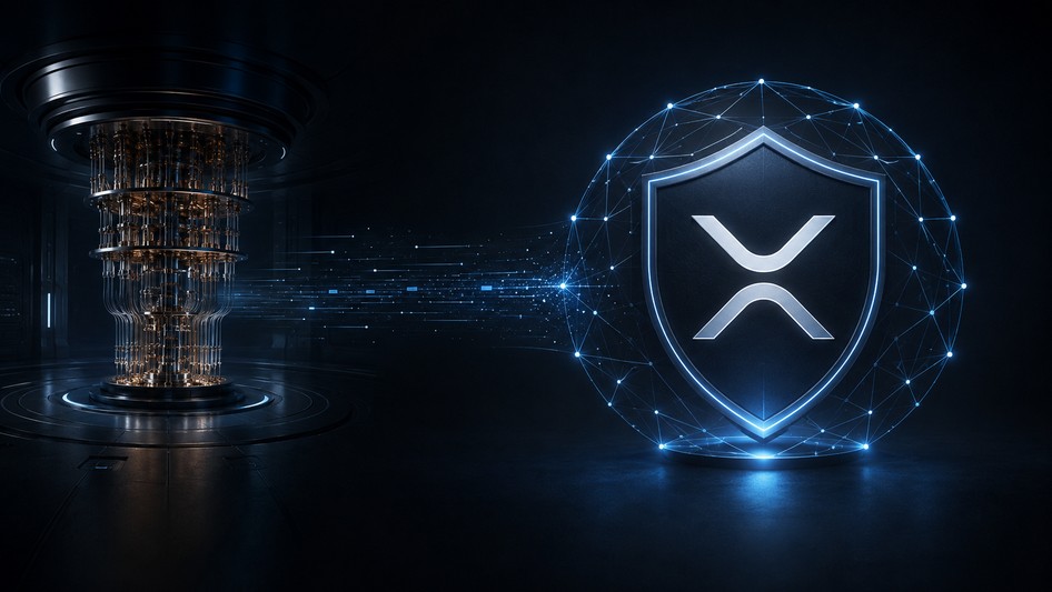 XRP-Logo in einem digitalen Schutzschild neben einem Quantencomputer als Symbol für Ripples Schutz des XRP Ledgers vor Quantenrisiken.