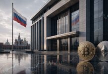 Zentralbank von Russland will Bitcoin, ETH und USDT an regulierten Börsen zulassen Russische Bank mit Bitcoin und Ethereum vor Moskauer Skyline und russischer Flagge