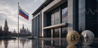 Russische Bank mit Bitcoin und Ethereum vor Moskauer Skyline und russischer Flagge