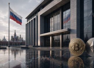 Zentralbank von Russland will Bitcoin, ETH und USDT an regulierten Börsen zulassen Russische Bank mit Bitcoin und Ethereum vor Moskauer Skyline und russischer Flagge