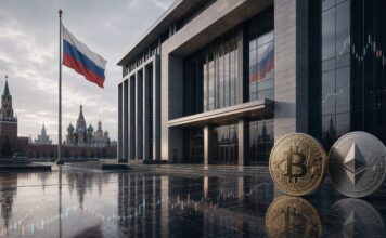 Russische Bank mit Bitcoin und Ethereum vor Moskauer Skyline und russischer Flagge